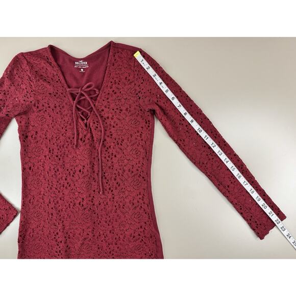 Hollister Y2K Womens Crochet Lace Long Sleeve Top S Burgundy Boho V-Neck Tie - Picture 8 of 12